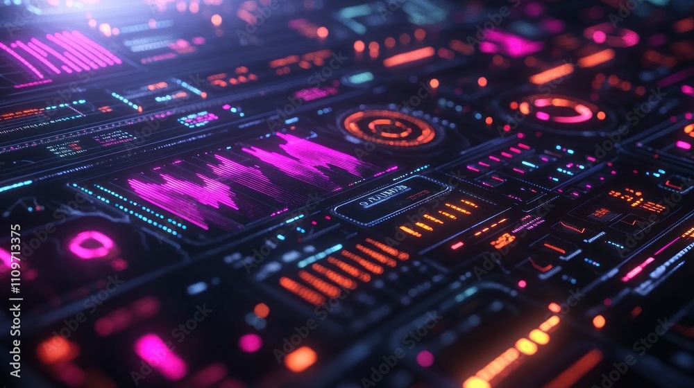 Futuristic technology interface with glowing neon lights, displaying data and graphics. Futuristic technology interface with glowing neon lights, displaying data and graphics.