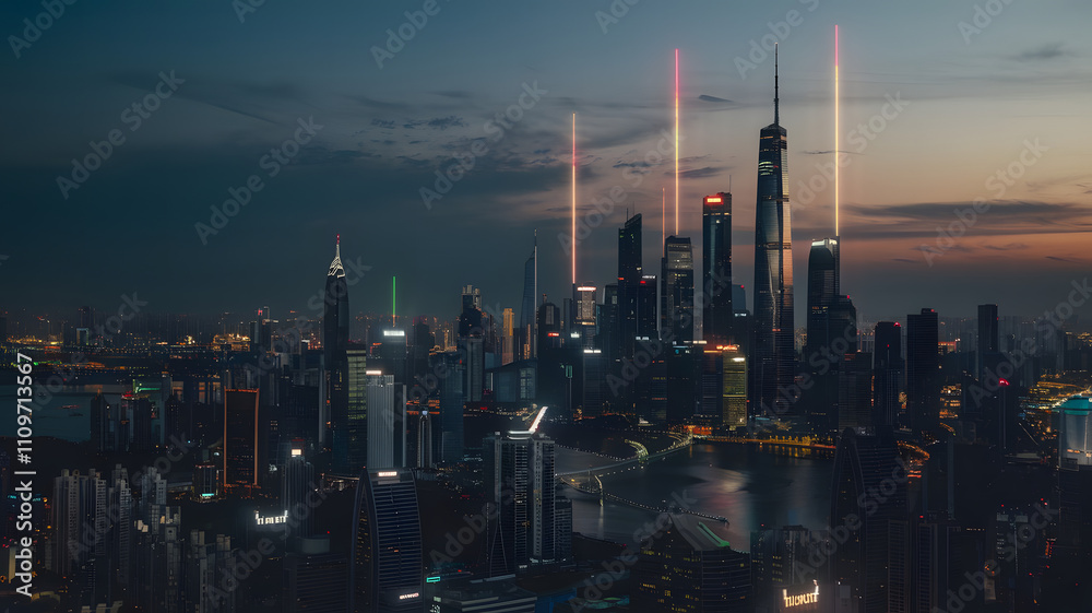 Fototapeta premium Futuristic cityscape at night with glowing lights.