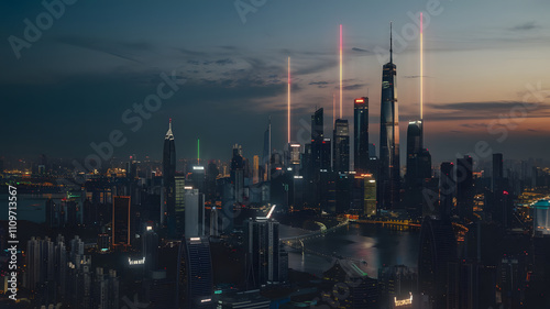 Futuristic cityscape at night with glowing lights. photo