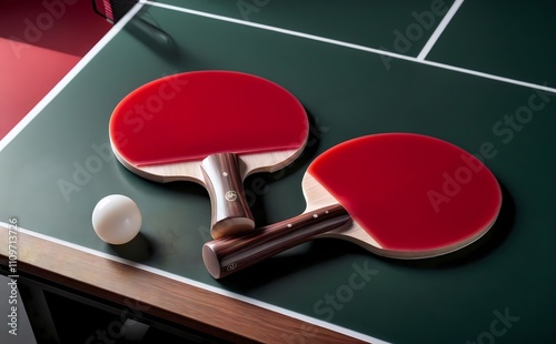 Two ping pong tennis rackets are lying on a tennis table, they are turned with the red side up, next to a table tennis ball