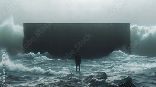 A man standing alone in front of a large concrete wall in the middle of the ocean