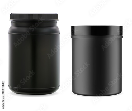 Whey protein jar. Black plastic sport vitamin can template. Supplement pill bottle for fitness and bodybuilding, realistic illustration. Power shake nutrition diet package blank, food or drink