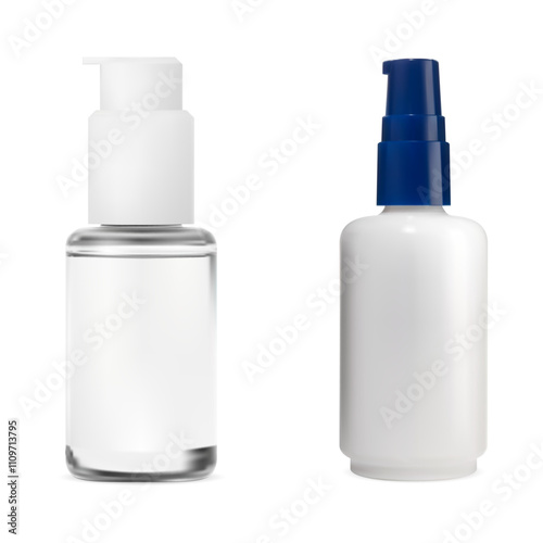 Small airless cosmetic serum dropper bottle mockup. Face cosmetic spray dispenser template. Foundation essence glass flacon design. Skin care lotion product container, matt glass