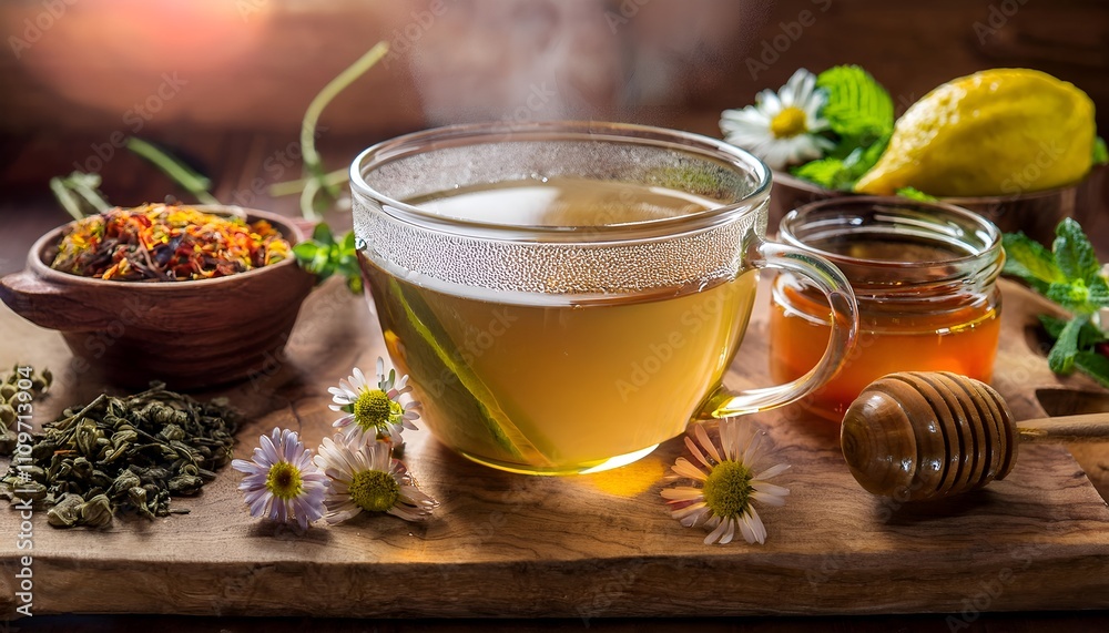 Warm and inviting scene featuring herbal tea with a touch of honey and lemon. Accompanied by loose tea leaves and fresh flowers, creating a natural and relaxing atmosphere Warm and inviting scene featuring herbal tea with a touch of honey and lemon. Accompanied by loose tea leaves and fresh flowers, creating a natural and relaxing atmosphere
