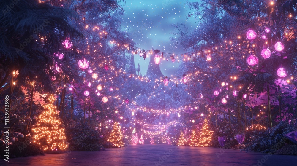 Fototapeta premium Enchanting Christmas Festival in a Magical Forest - Ultra-Detailed Whimsical Scene with Colorful Lights and Joyful Celebrations