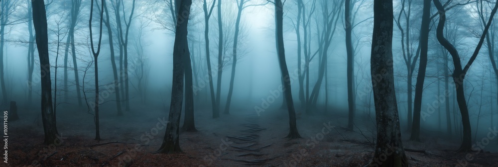 Obraz premium A forest with foggy trees and a path. Scene is mysterious and eerie