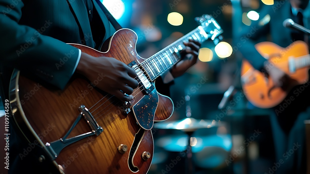 Obraz premium Close-up of a musician playing a guitar on stage during a performance.