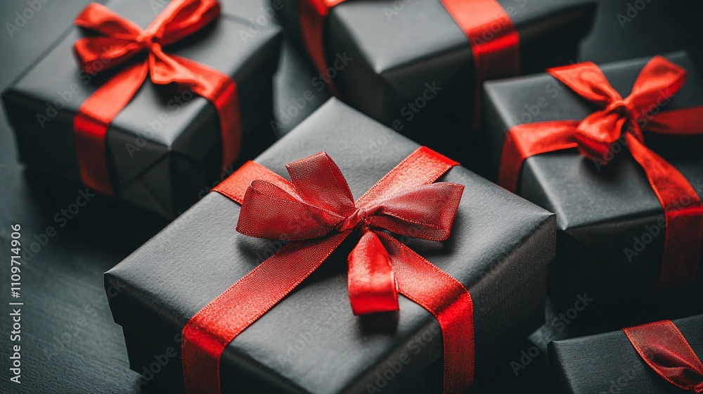 Close-up view of several black gift boxes with red ribbons and bows. Close-up view of several black gift boxes with red ribbons and bows.