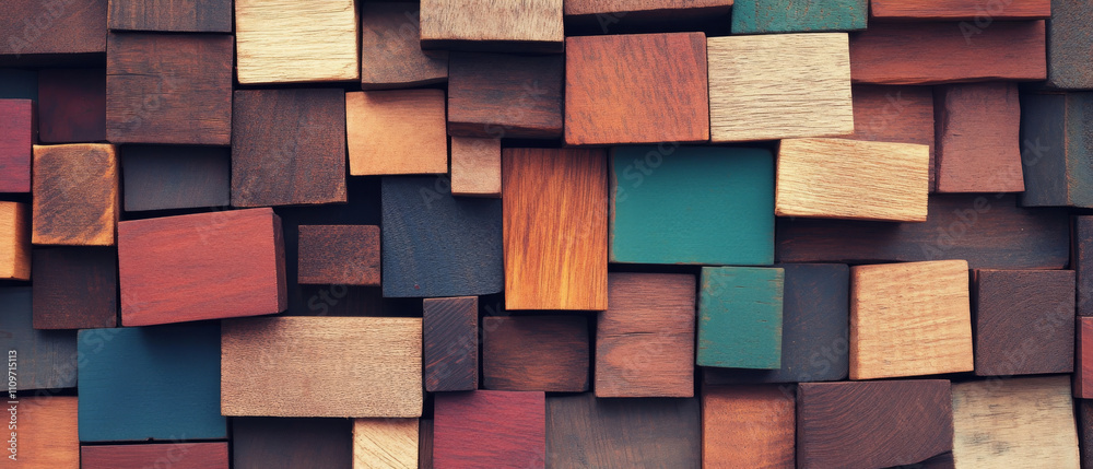 Colorful wooden blocks create vibrant, textured wall design. Colorful wooden blocks create vibrant, textured wall design.