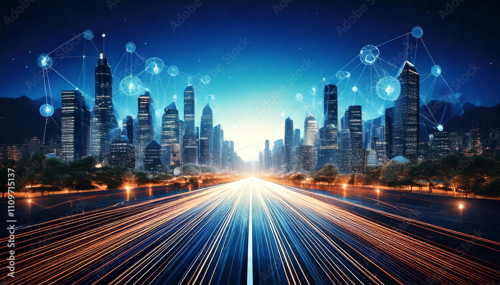 Abstract road to a modern city, reflecting digitization, VR, and communication. Abstract road to a modern city, reflecting digitization, VR, and communication.