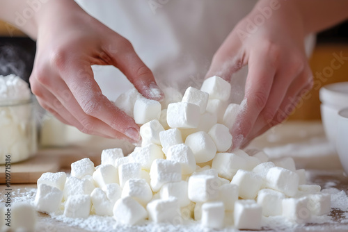 Hands gather soft sugar cubes, preparing for an elegant dessert in a warm kitchen atmosphere photo