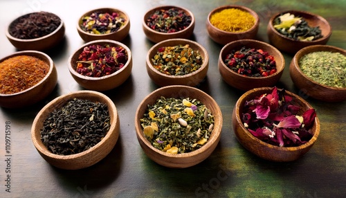 A selection of colorful herbal teas displayed in wooden bowls, showcasing a variety of textures and colors. Perfect for themes of natural wellness, relaxation, and organic living.