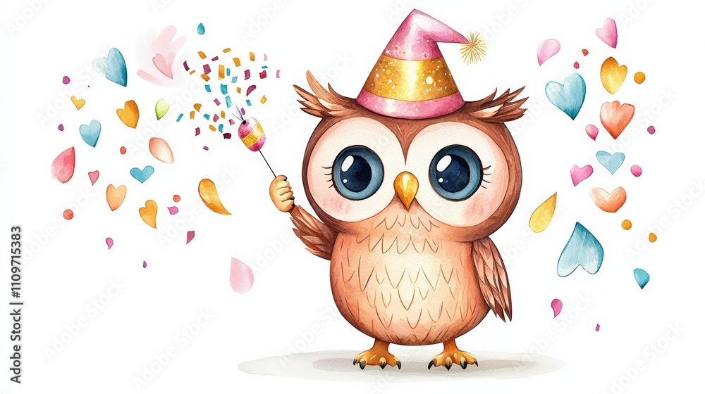 Naklejka premium A festive owl wearing a party hat, holding a sparkler, surrounded by colorful hearts and confetti