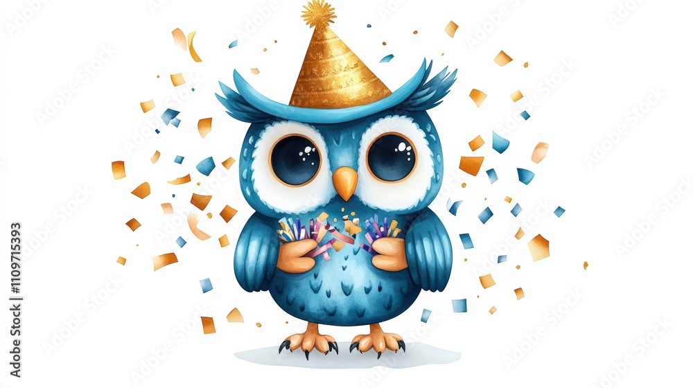 Naklejka premium A festive blue owl wearing a party hat, holding colorful confetti and surrounded by falling decorations