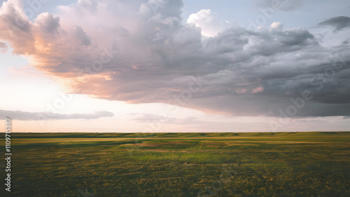 A vast prairie with dramatic clouds and soft light. photo