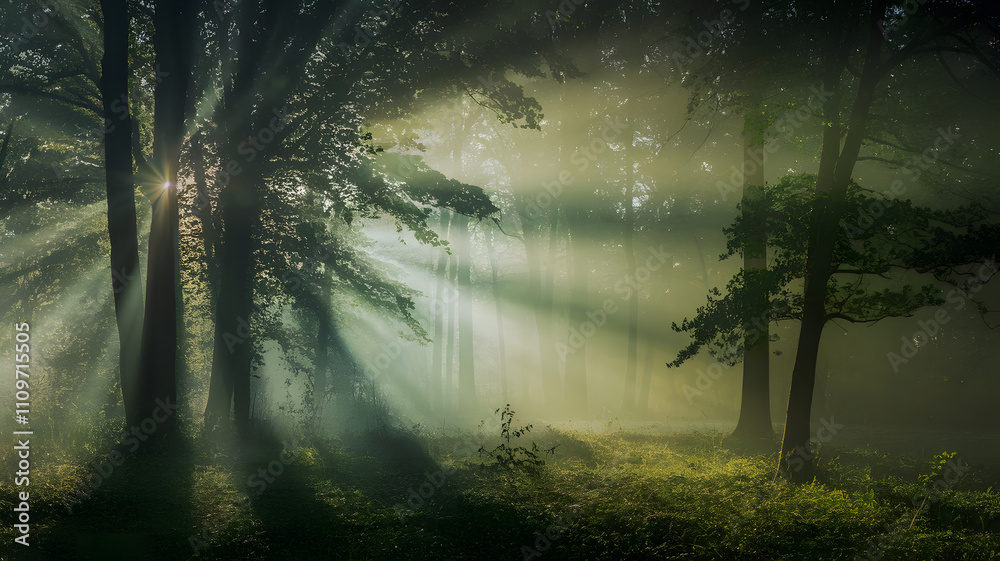 Obraz premium A misty forest at dawn with sunbeams breaking through trees.