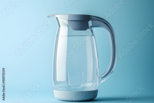 Stylish grey water filter pitcher with ergonomic handle on a light blue background