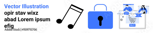 Music notes followed by a padlock and an e-commerce scene highlighting online shopping and digital security. Ideal for content on digital security, online shopping, privacy, e-commerce, music