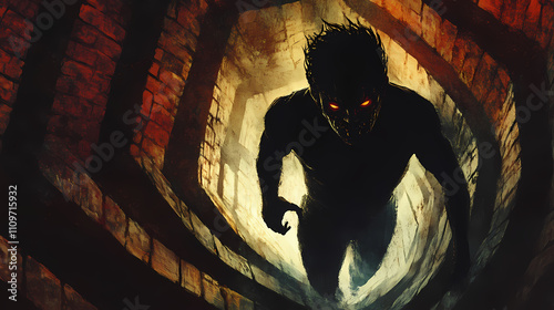 Incubus emerging from a labyrinthine background with copy space. Labyrinthine. Illustration
