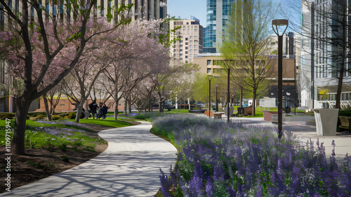 Urban park with a scenic walking path in spring bloom.