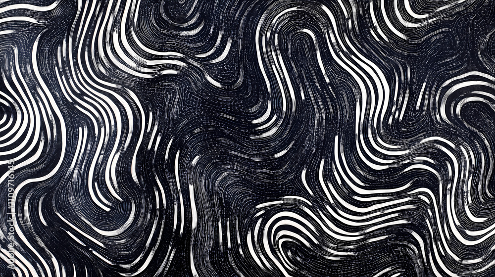 Fototapeta premium Intricate labyrinthine design featuring wavy black and white abstract shapes, resembling fingerprints, in a mesmerizing repeating pattern. Labyrinthine. Illustration