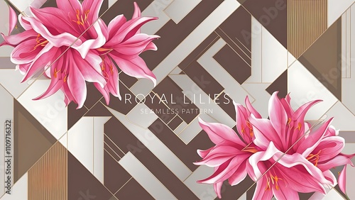 Seamless vector pattern. Modern geometric ornament with pink royal lilies. Classic background