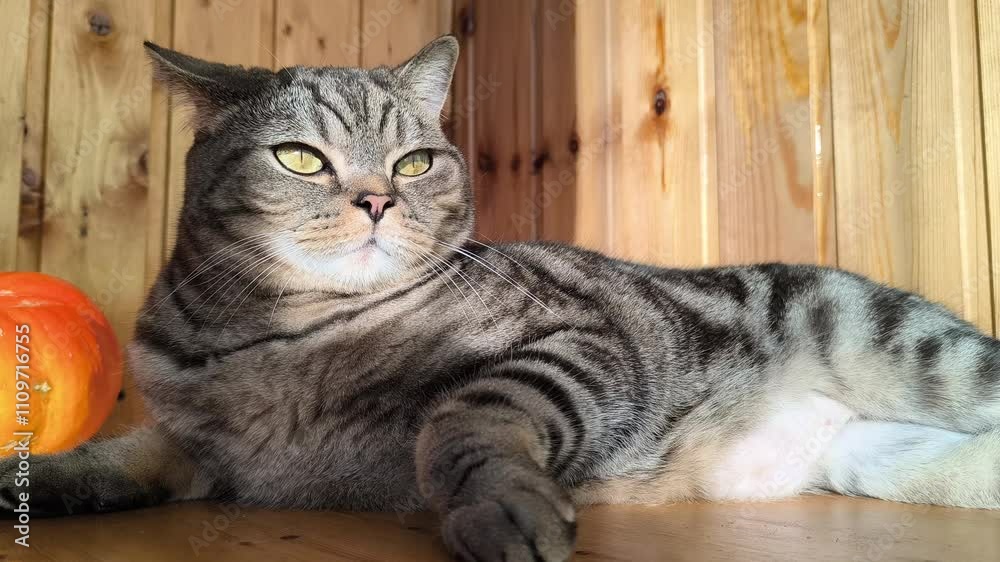 Scottish straight-eared grey striped cat. Scottish straight-eared grey striped cat.