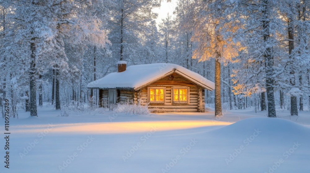 A Cozy Wooden Cabin Illuminated in a Snowy Forest at Dusk A Cozy Wooden Cabin Illuminated in a Snowy Forest at Dusk