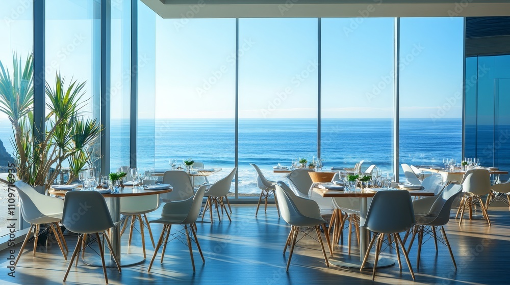 Fototapeta premium Savoring a delightful breakfast with breathtaking ocean views at a luxurious hotel by the sea