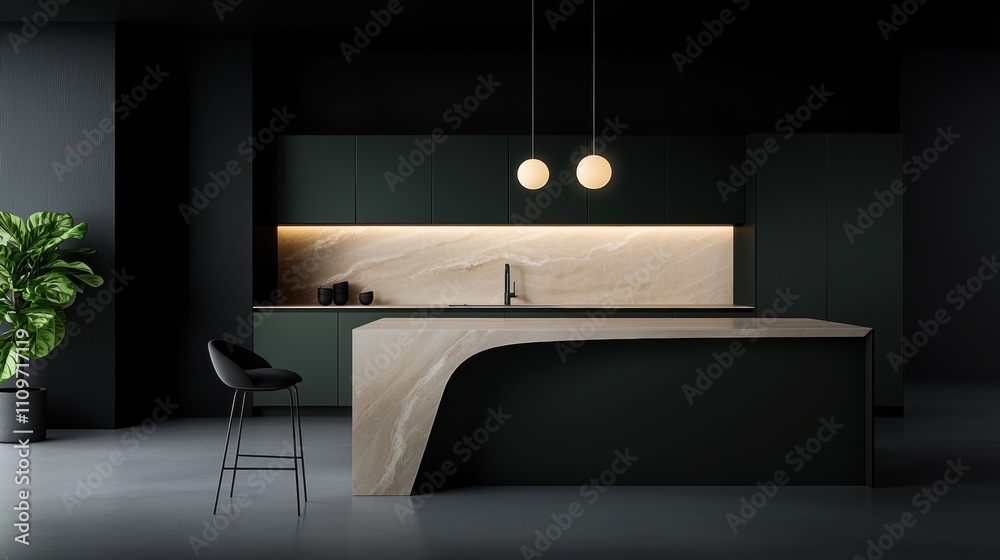 Modern kitchen with a minimalist design. the walls are painted black and the floor is made of concrete. the kitchen has a large island in the center with a marble countertop and a sink. Modern kitchen with a minimalist design. the walls are painted black and the floor is made of concrete. the kitchen has a large island in the center with a marble countertop and a sink.