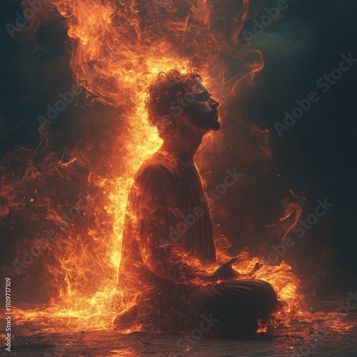 This striking illustration features a man meditating while engulfed in flames, symbolizing inner peace and calm in the face of intense energy and transformation. AI generated.