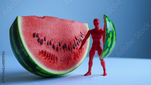 Red figure standing next to a sliced watermelon photo