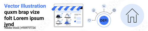 Shopping website interface, decentralized finance DeFi connections, and home icon. Ideal for online shopping, DeFi, fintech, real estate, cybersecurity, network integration software development