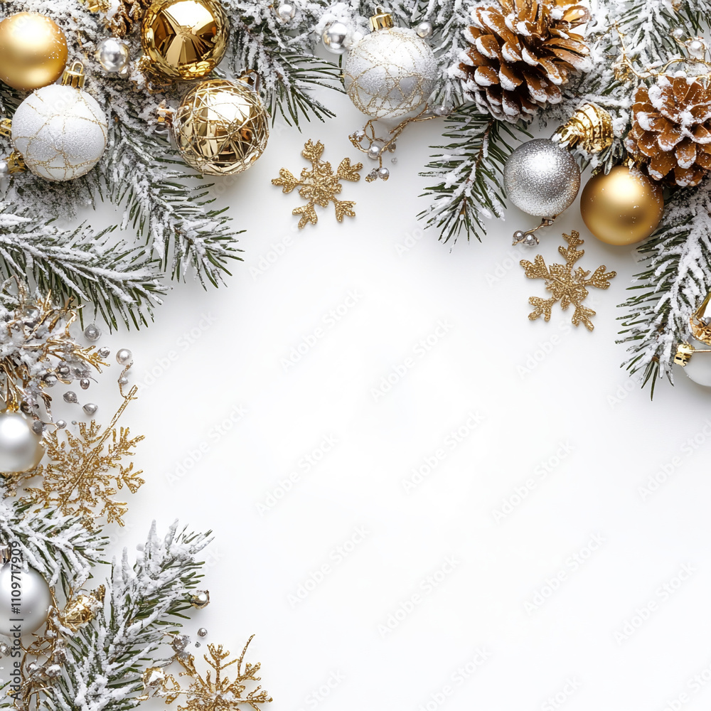 Festive holiday decorations with silver and gold ornaments and pine branches for seasonal celebrations Festive holiday decorations with silver and gold ornaments and pine branches for seasonal celebrations