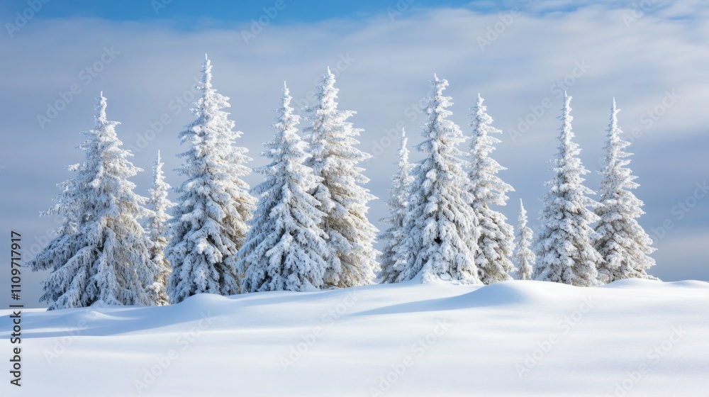 Fototapeta premium Snow-Covered Fir Trees on a Snowy Mountaintop