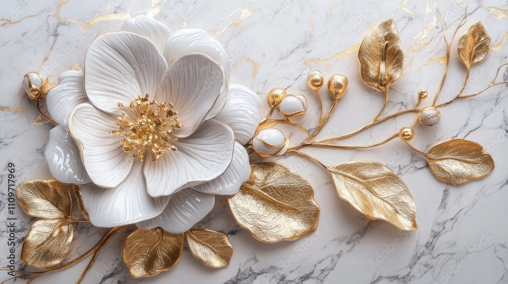 Fototapeta premium Elegant white and gold floral 3D design on marble.