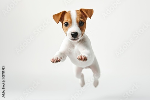 A small brown and white dog is jumping in the air. The dog is in the middle of the image and is the main focus