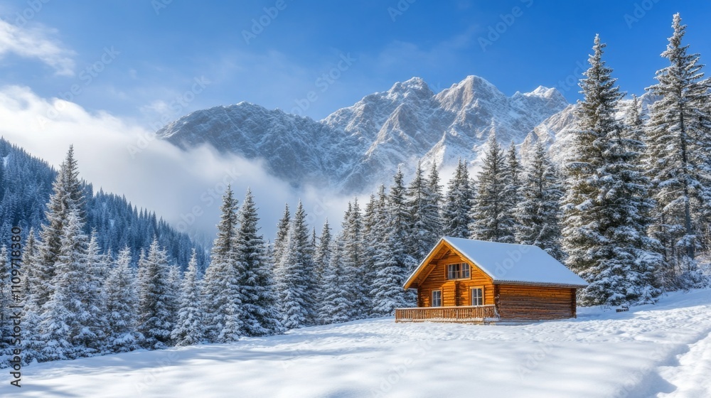 A Wooden Cabin Nestled in a Snowy Mountain Valley A Wooden Cabin Nestled in a Snowy Mountain Valley