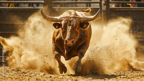Powerful bull charging in arena, kicking up dust.