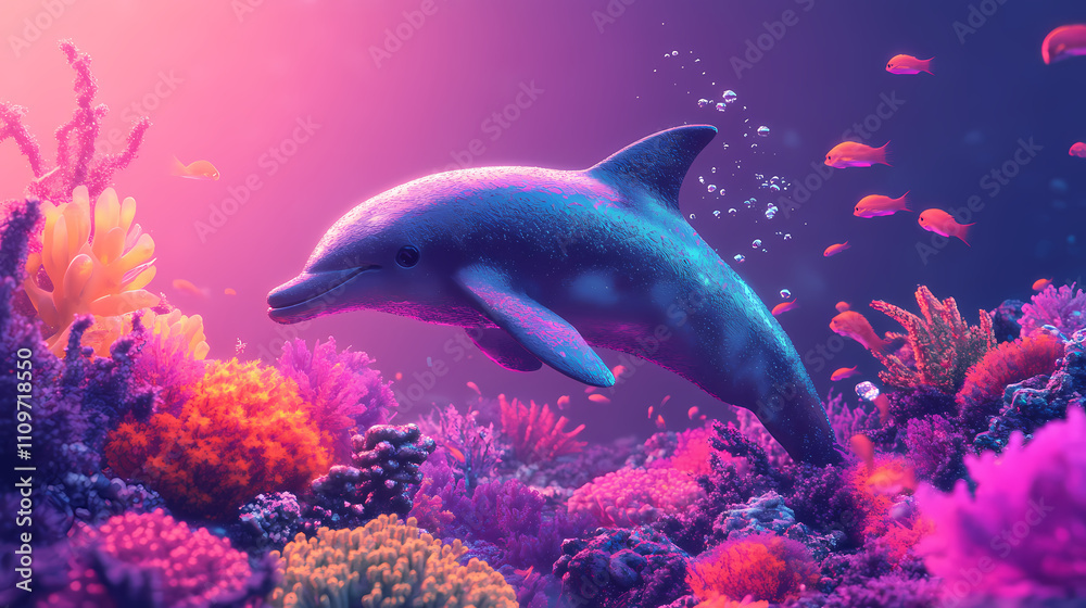 Obraz premium Dolphin's paradise: vibrant underwater world 3d render with colorful fish and coral. Labyrinthine. Illustration
