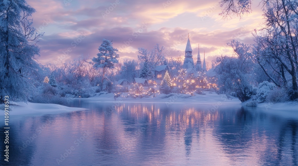 Naklejka premium Enchanted Winter Scene: Frozen Lake Reflecting Magical Christmas Village as Fantasy Beings Celebrate with Joy - Ultra-Detailed
