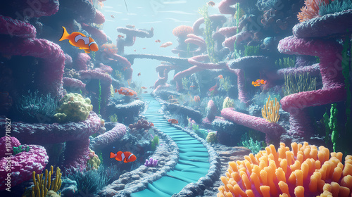 Dolphin's paradise: vibrant underwater world 3d render with colorful fish and coral. Labyrinthine. Illustration photo