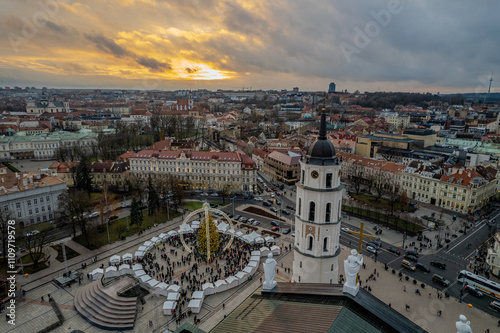 Aerial winter morning sunrise view of Cathedral Square, Vilnius old town, Christmas Tree, Lithuania