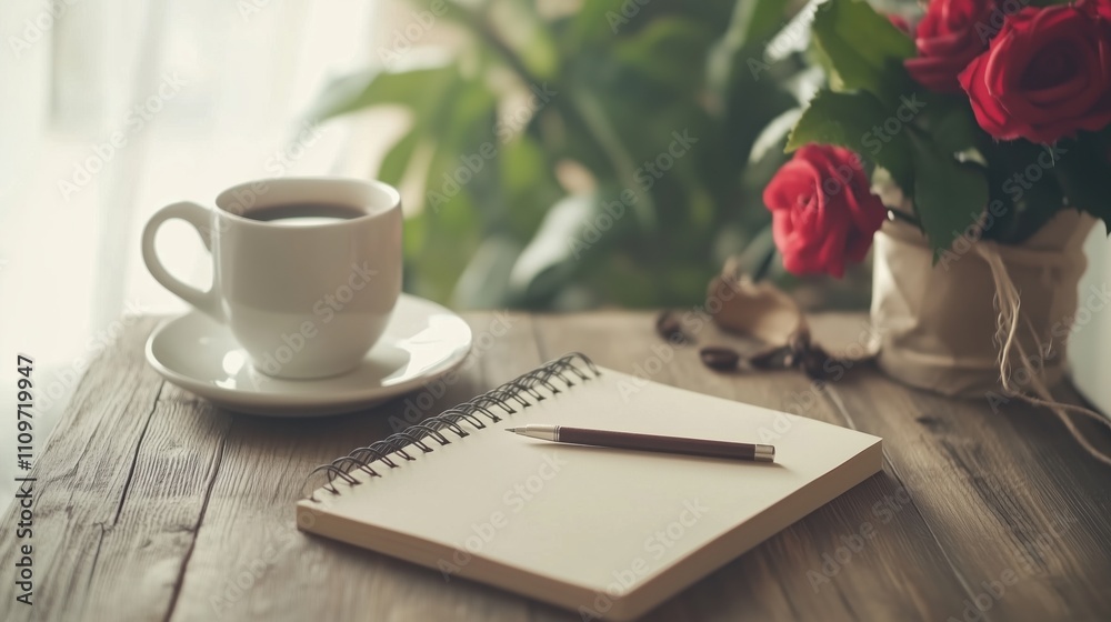 A modern home office setup with a laptop on a wooden desk, a cup of coffee, a notebook with a pen, and a green indoor plant in the background