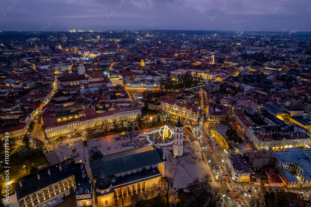 Aerial winter morning sunrise view of Cathedral Square, Vilnius old town, Christmas Tree, Lithuania Aerial winter morning sunrise view of Cathedral Square, Vilnius old town, Christmas Tree, Lithuania