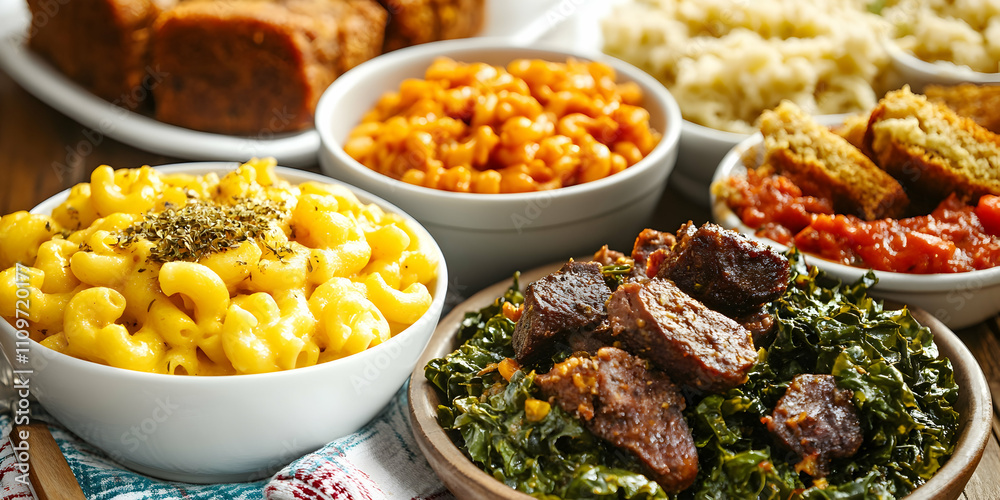 Soul food meal with meats, greens, mac and cheese, and cornbread