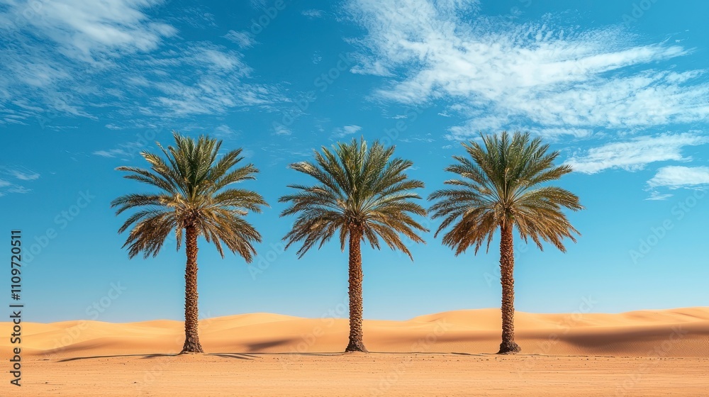 Fototapeta premium Three date palm trees standing in the middle of a vast desert