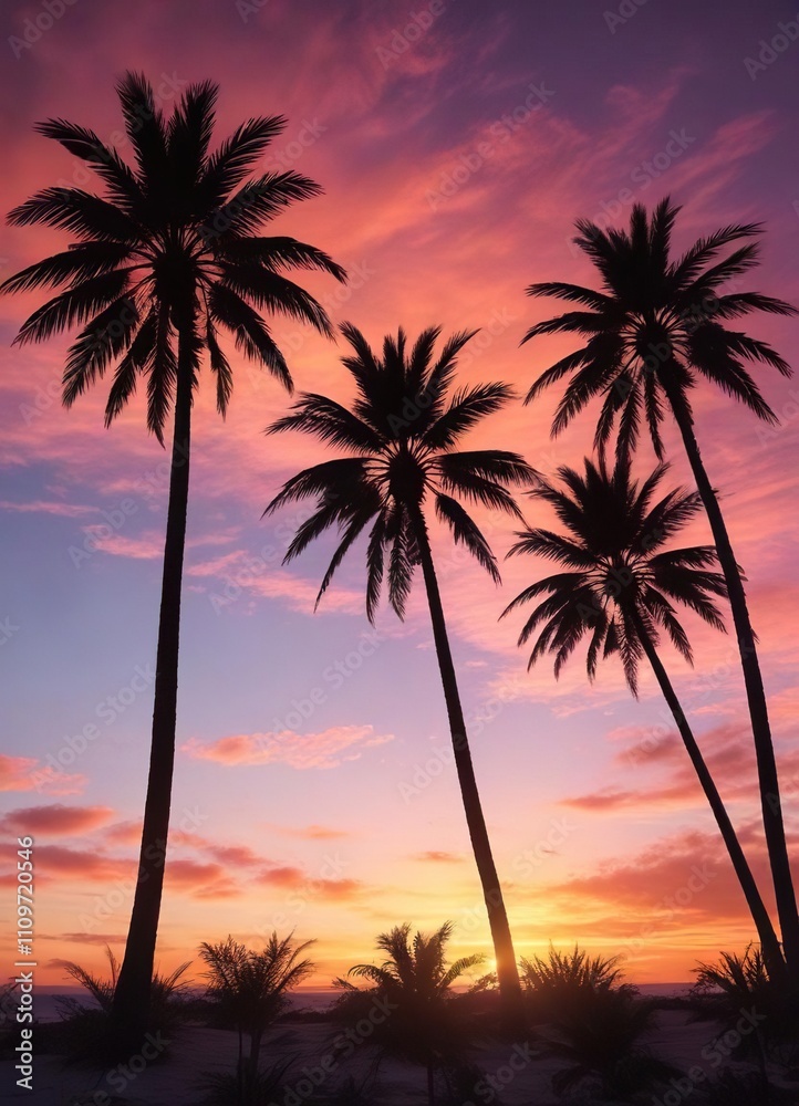 Palm trees silhouetted against a colorful sunset sky, scenic, serene Palm trees silhouetted against a colorful sunset sky, scenic, serene