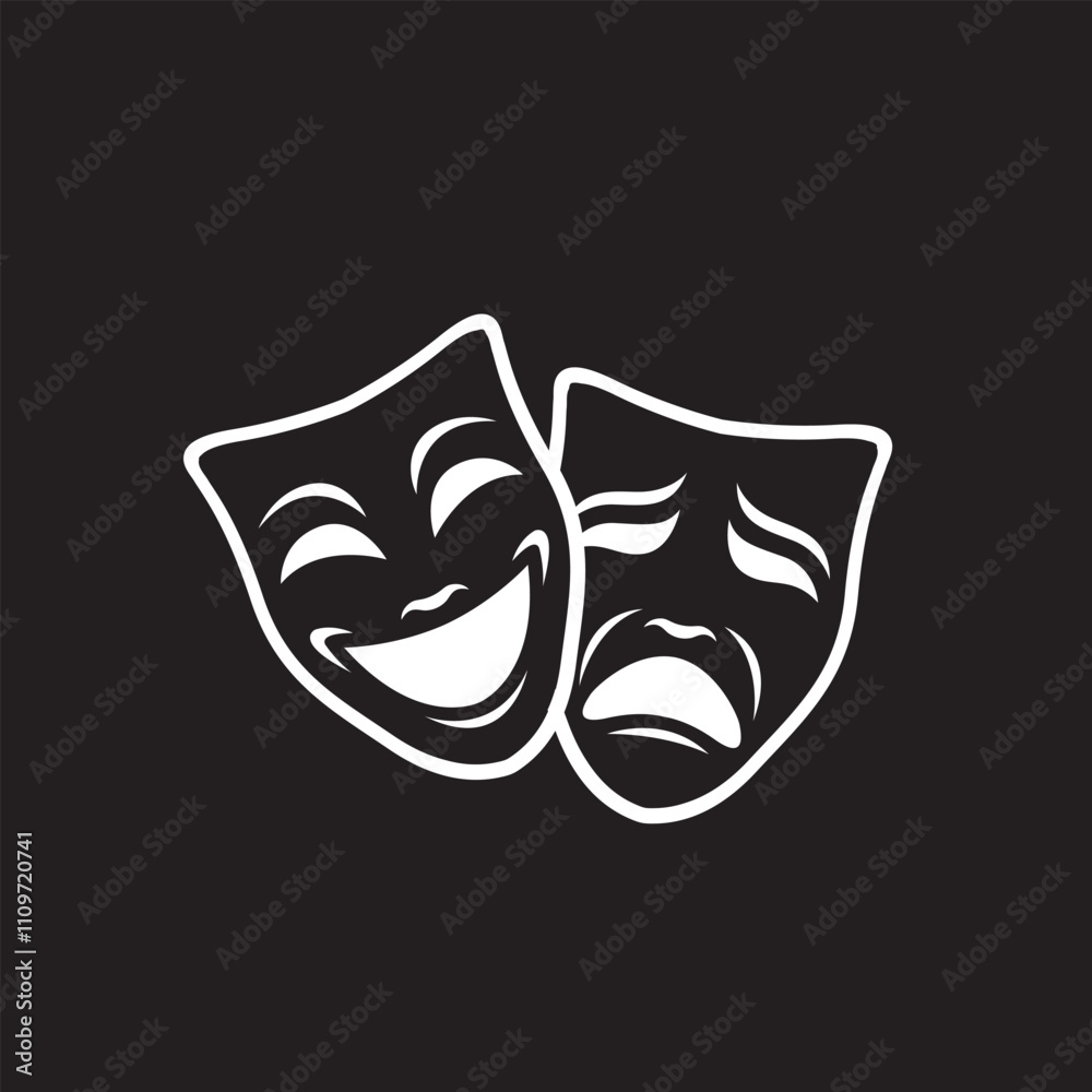 icon of comedy and tragedy theatrical masks isolated on black background icon of comedy and tragedy theatrical masks isolated on black background