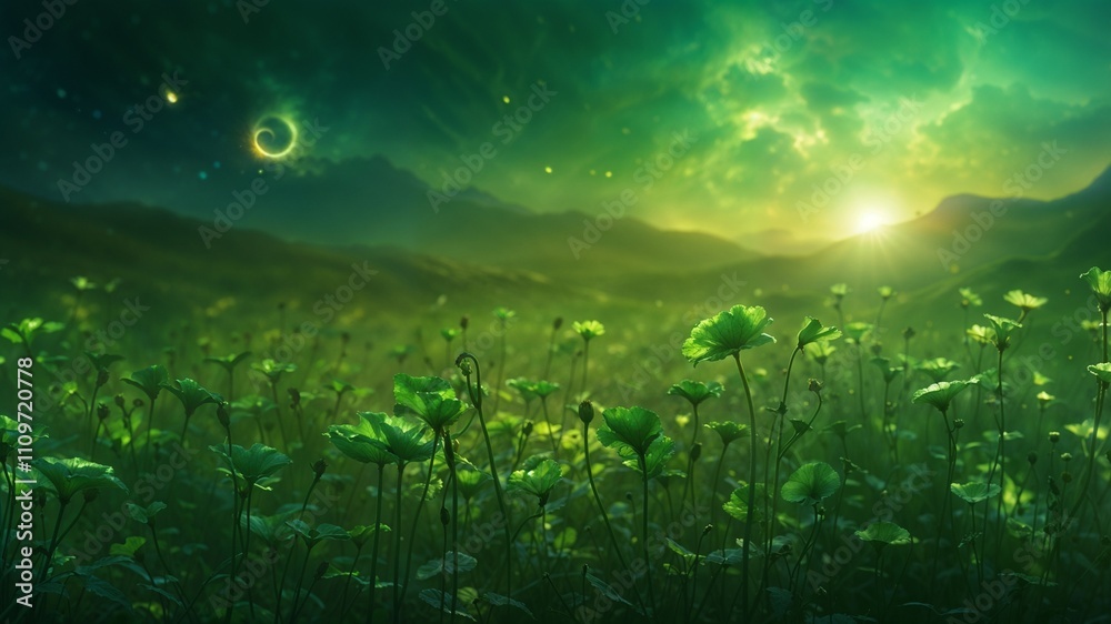 Obraz premium Detailed fantasy landscape planet tundra flowers in the glowing starry sunny green colorful light mountains poster banner hd ultra high resolution quality moon bright peaceful scene